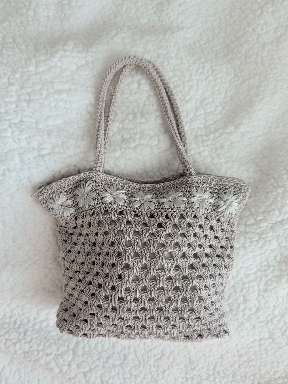 Handcrafted Beige Crochet Tote Bag with Floral Trim